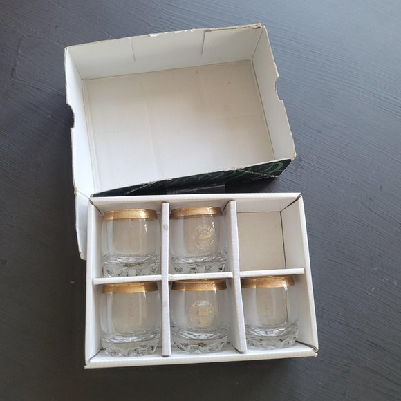 Vintage Pasabahce Gold Rimmed Roly Poly Low Ball Liquor Glasses Set Of 5 - Picture 3 of 13